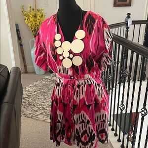 Vibrant Pink Patterned Dress with Belt by Rose Garden